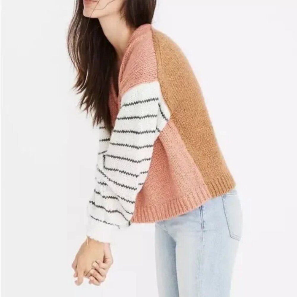 Madewell Colorblock Striped Balloon Sleeve Alpaca Wool Sweater - Small